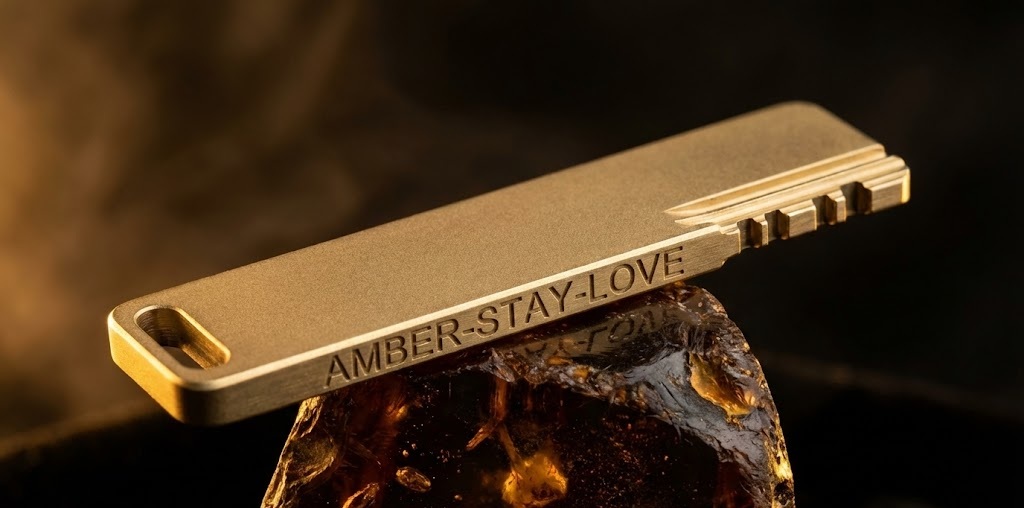 A minimalist brass bar key engraved with AMBER-STAY-LOVE, photographed in a cinematic smoky black setting.